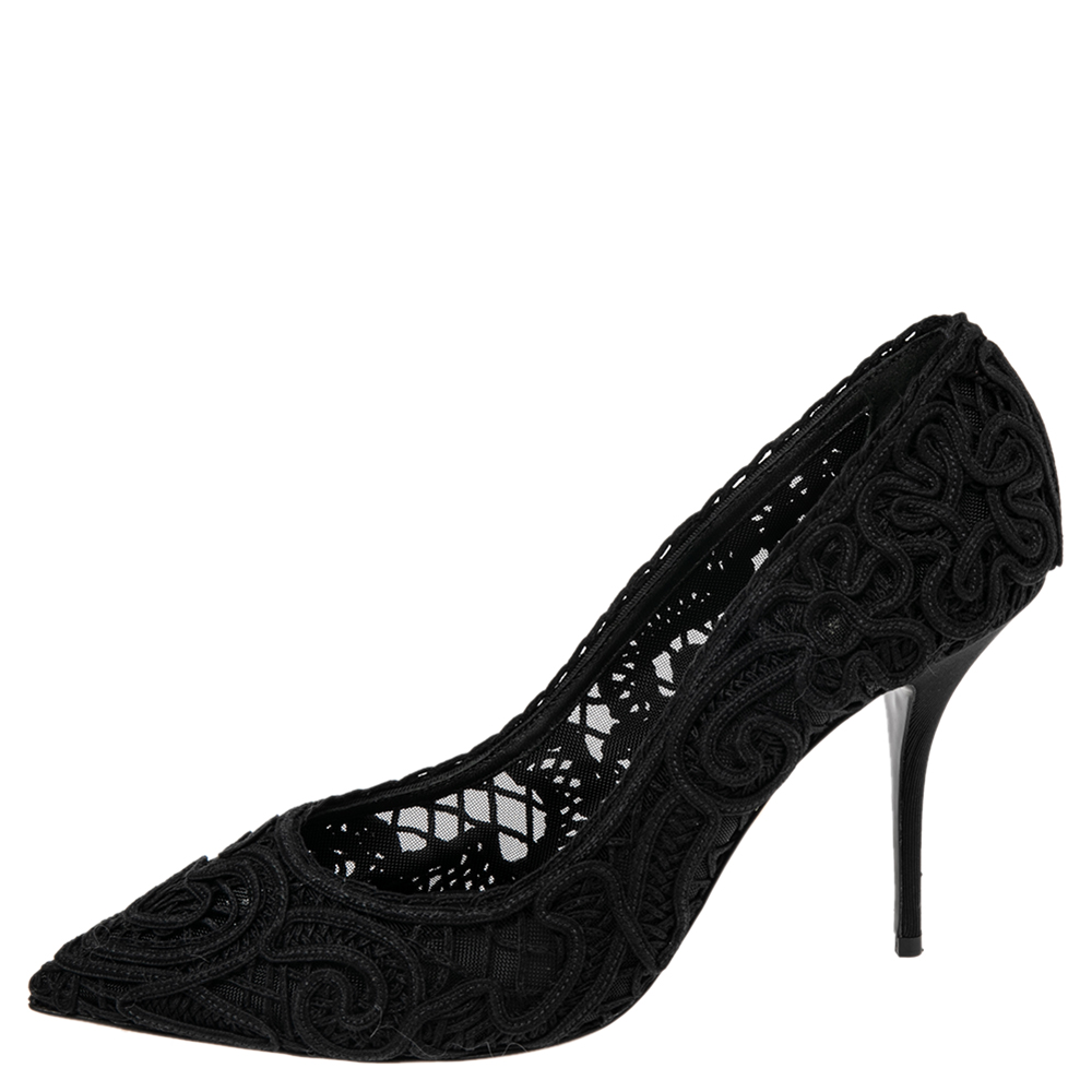 

Dolce & Gabbana Black Embroidered Mesh Trim Pointed Toe Pumps Size