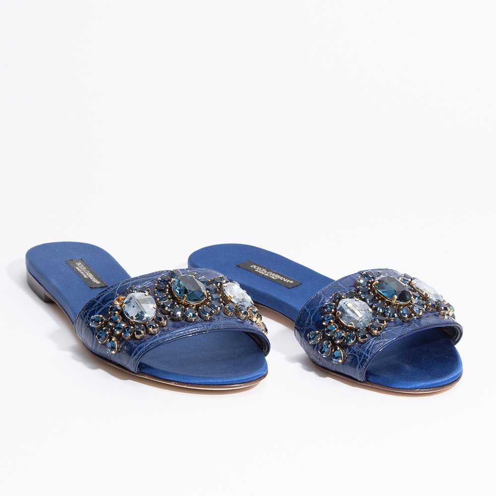 

Dolce & Gabbana Blue Leather/Textile Stone Embellished Slip-on Sandals Size EU