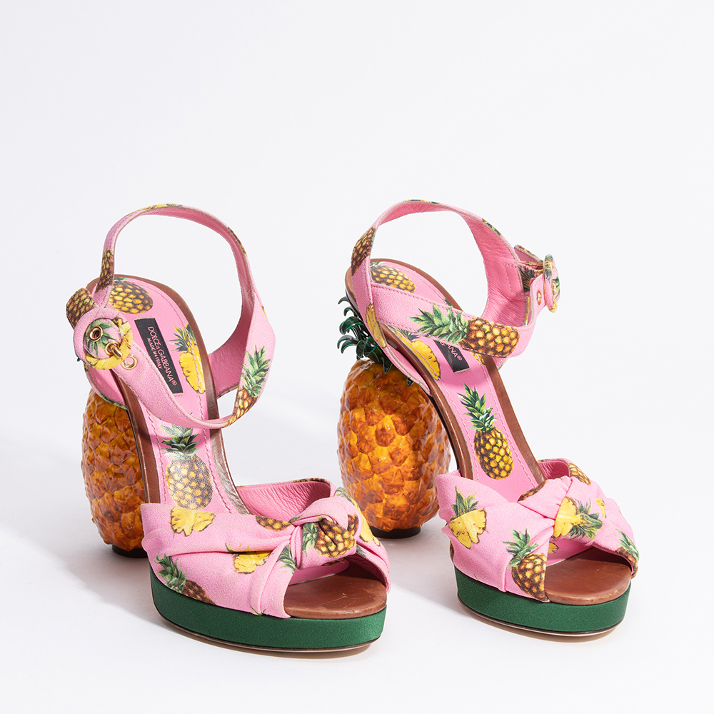 

Dolce & Gabbana Pink Leather/Textile Pineapple Heel Sandal Size EU