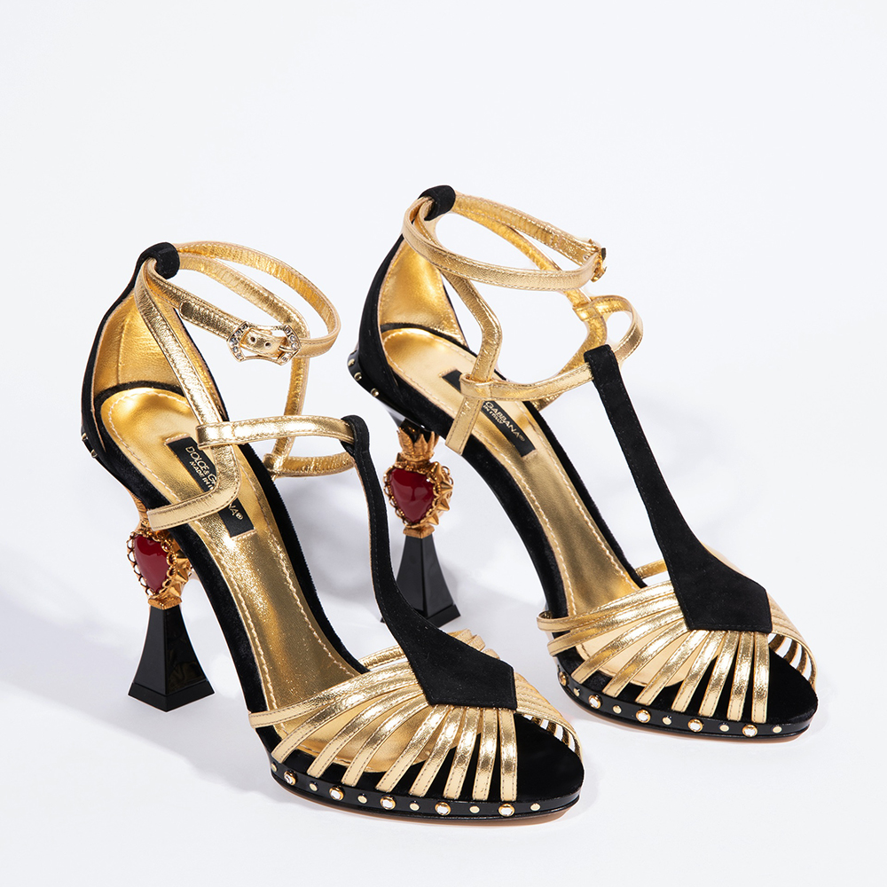 

Dolce & Gabbana Gold Leather Heart Sculptured Heel Sandals Size EU