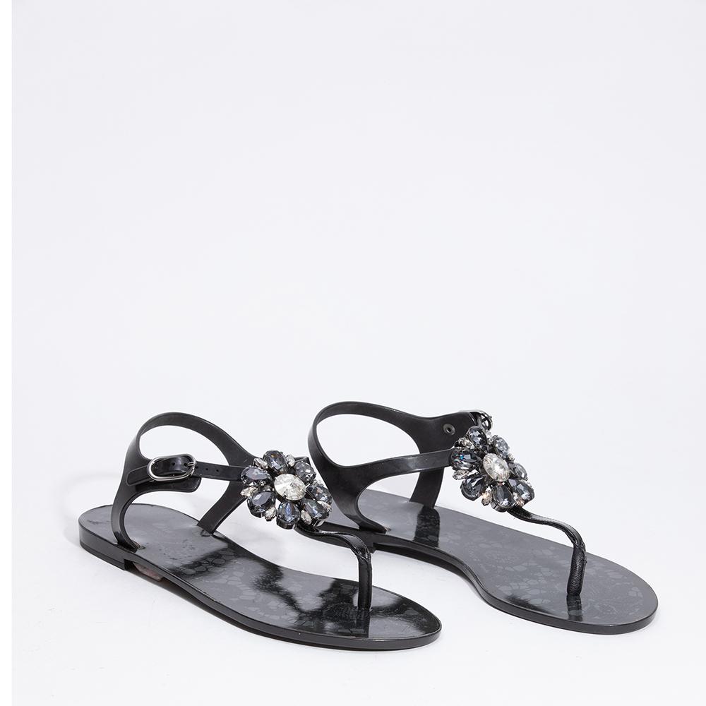 

Dolce & Gabbana Black Rubber Crystal-Embellished Thong Strap Sandals Size EU