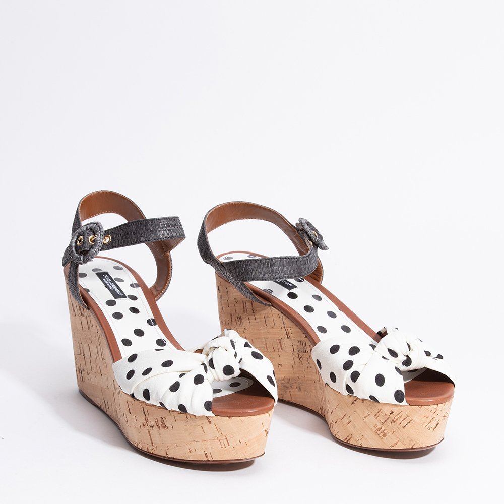 

Dolce & Gabbana White Leather Polka-Dot Knotted Wedge Sandal Size EU