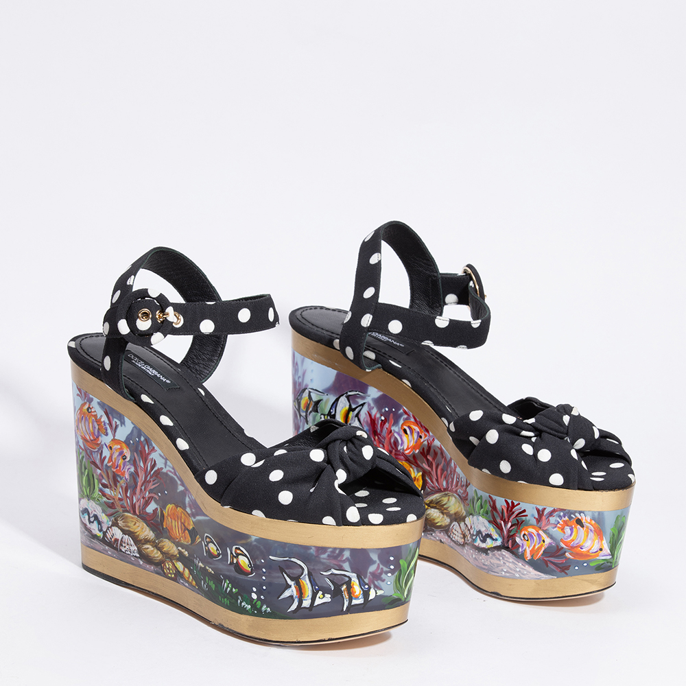 

Dolce & Gabbana Black Textile/Leather Polka Dots Wedge Sandals Size EU