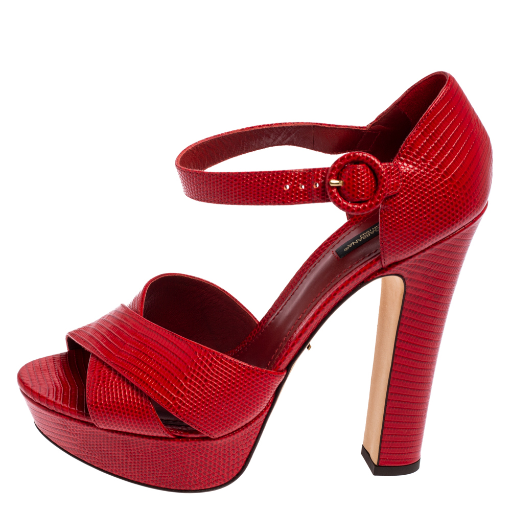 

Dolce & Gabbana Red Lizard Embossed Leather Cross Strap Platform Sandals Size