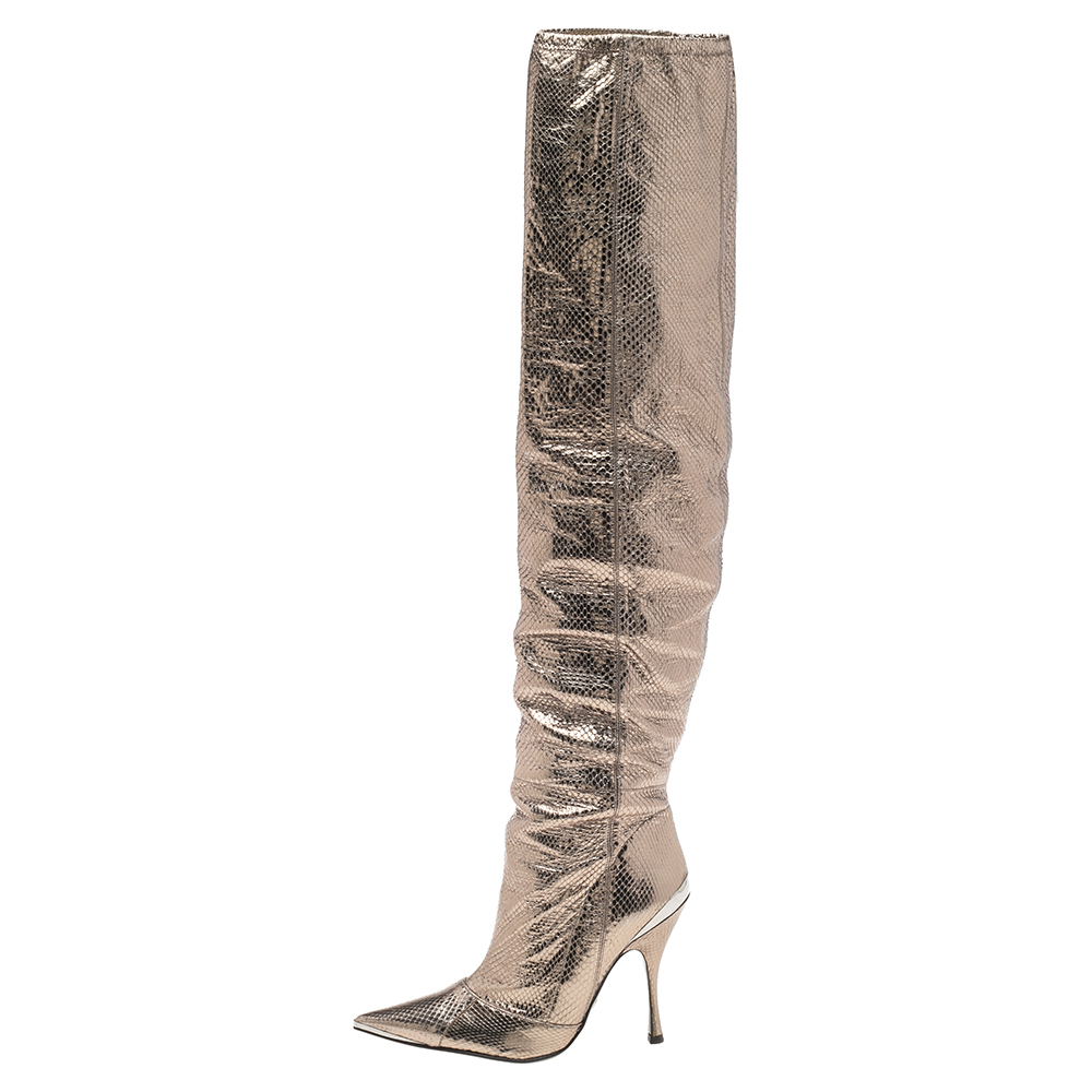 

Dolce & Gabbana Metallic Grey Snakeskin Over Knee Length Boots Size