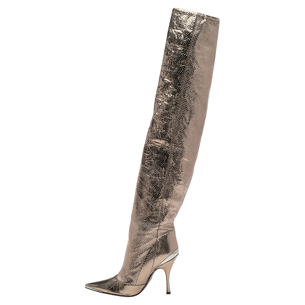 

Dolce & Gabbana Metallic Grey Snakeskin Leather Over Knee Length Boots Size