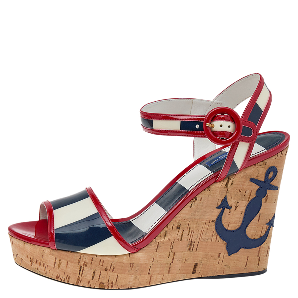 

Dolce & Gabbana Multicolor Patent Leather Cork Platform Wedge Ankle Strap Sandals Size
