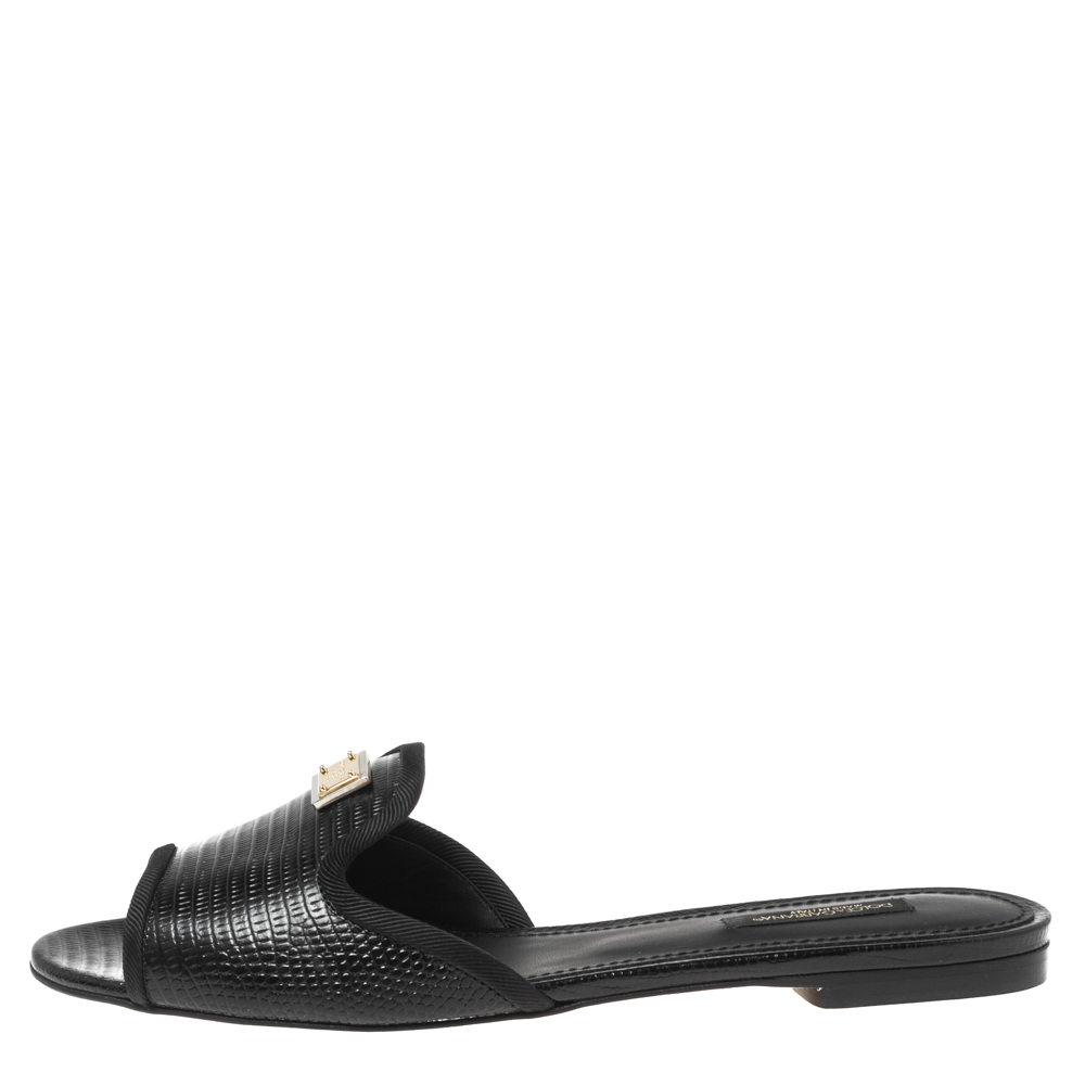 

Dolce & Gabbana Black Lizard Embossed Leather Sofia Flat Slides Size