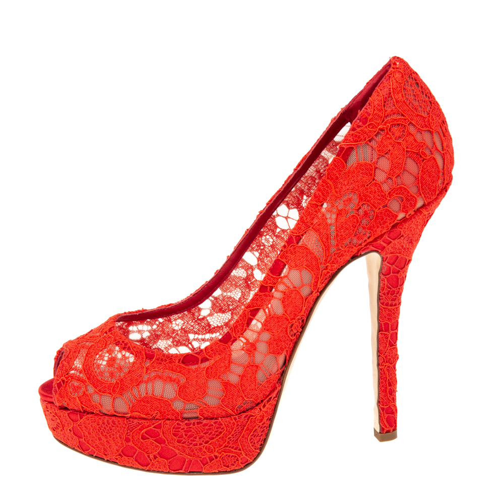 

Dolce & Gabbana Red Lace Peep Toe Platform Pumps Size