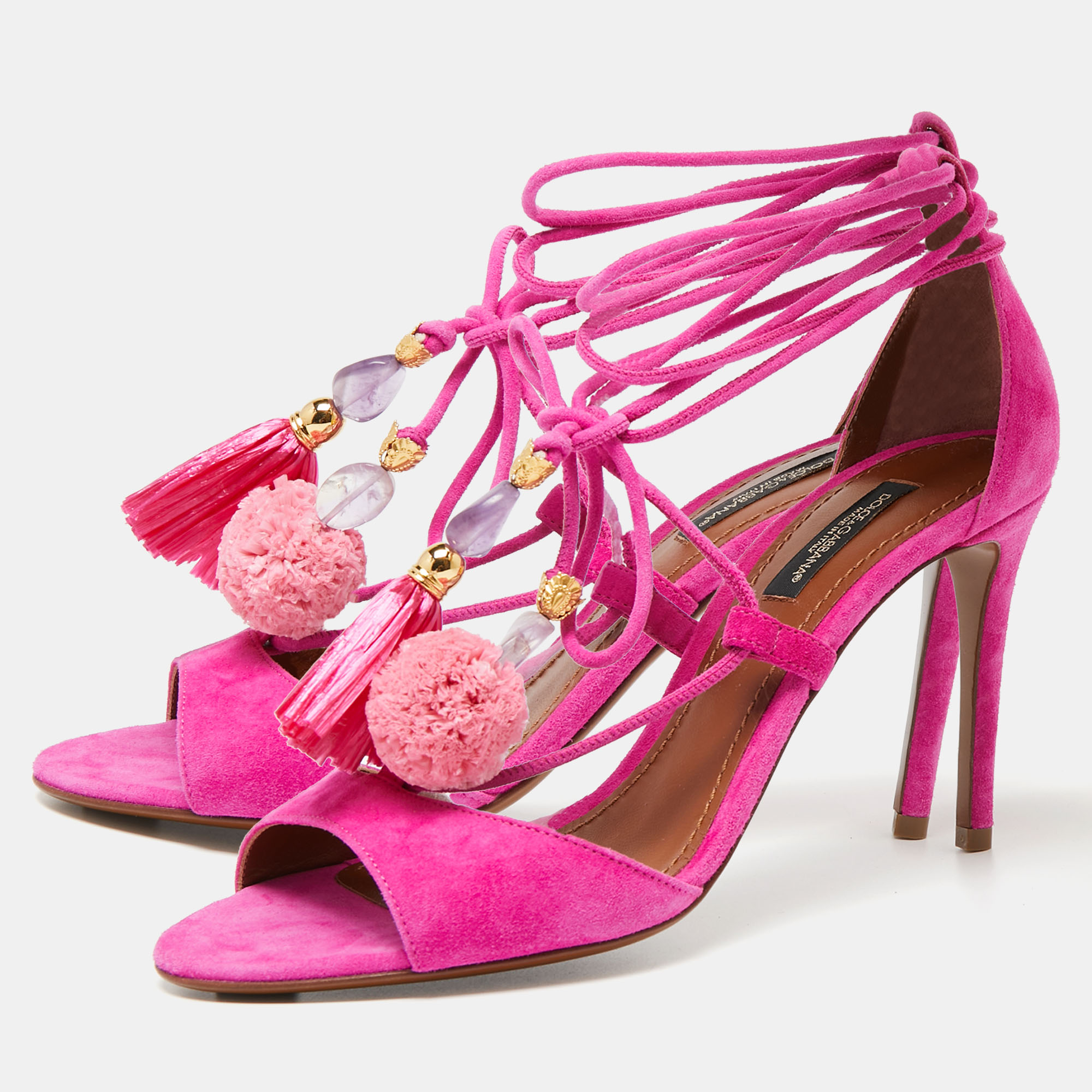 

Dolce & Gabbana Pink Suede Pom Pom Tassel Ankle Wrap Sandals Size