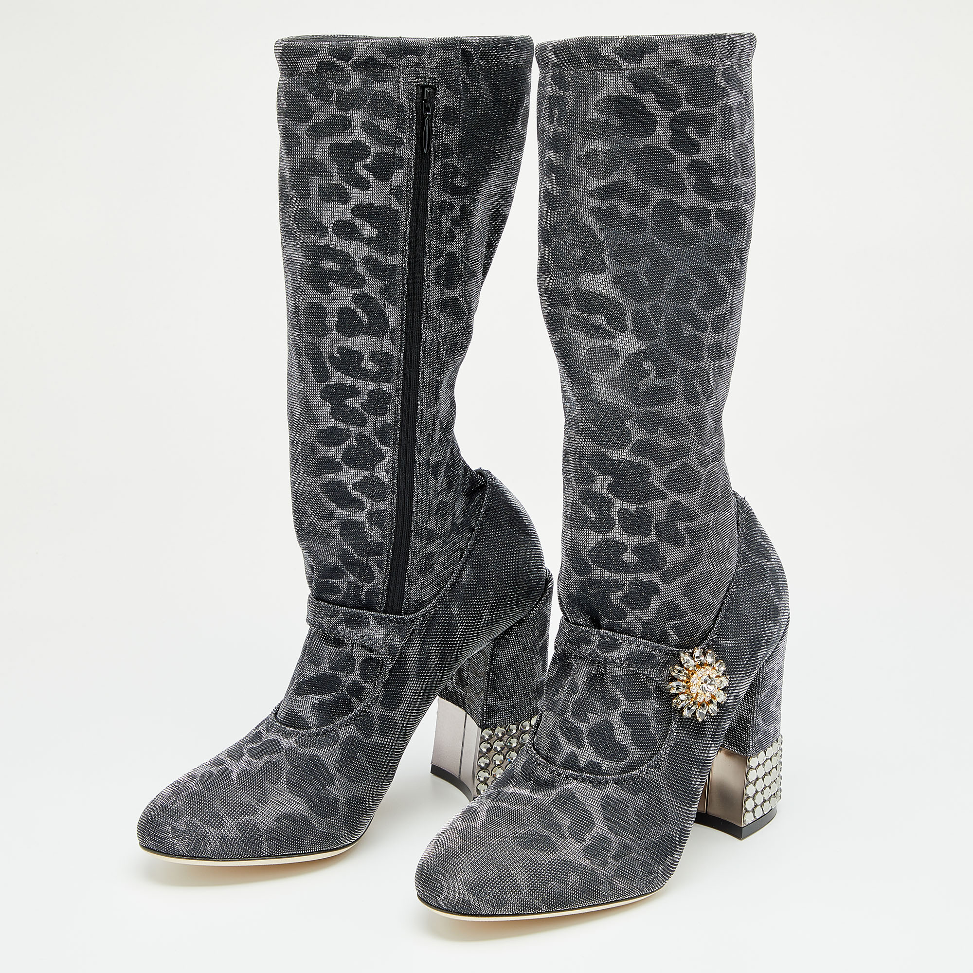 Dolce & Gabbana Metallic Silver Leopard Print Lurex Fabric Embellished Mary Jane Mid Calf Boots Size