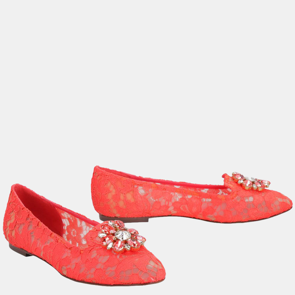

Dolce & Gabbana Red Taormina Lace Embellished Ballet Flats Size EU
