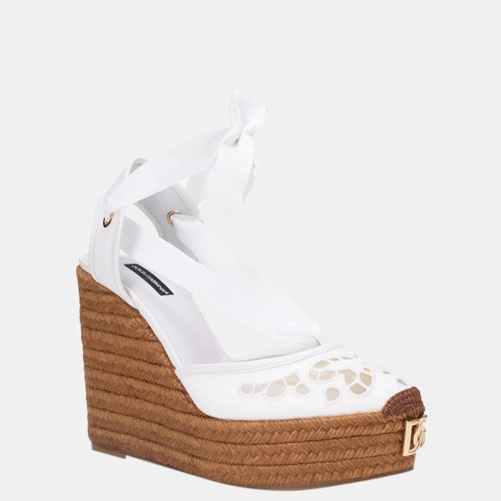 

Dolce & Gabbana White Embroidered canvas wedges Size EU