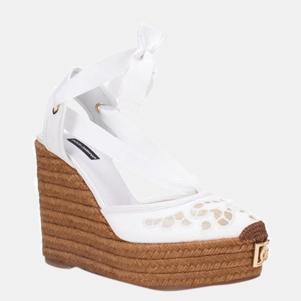 

Dolce & Gabbana White Embroidered Canvas Wedges Size EU
