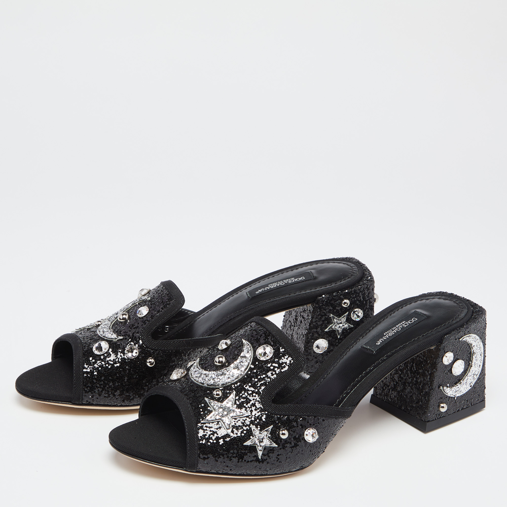 

Dolce & Gabbana Black Glitter Bianca Star And Moon Embellished Slide Sandals Size