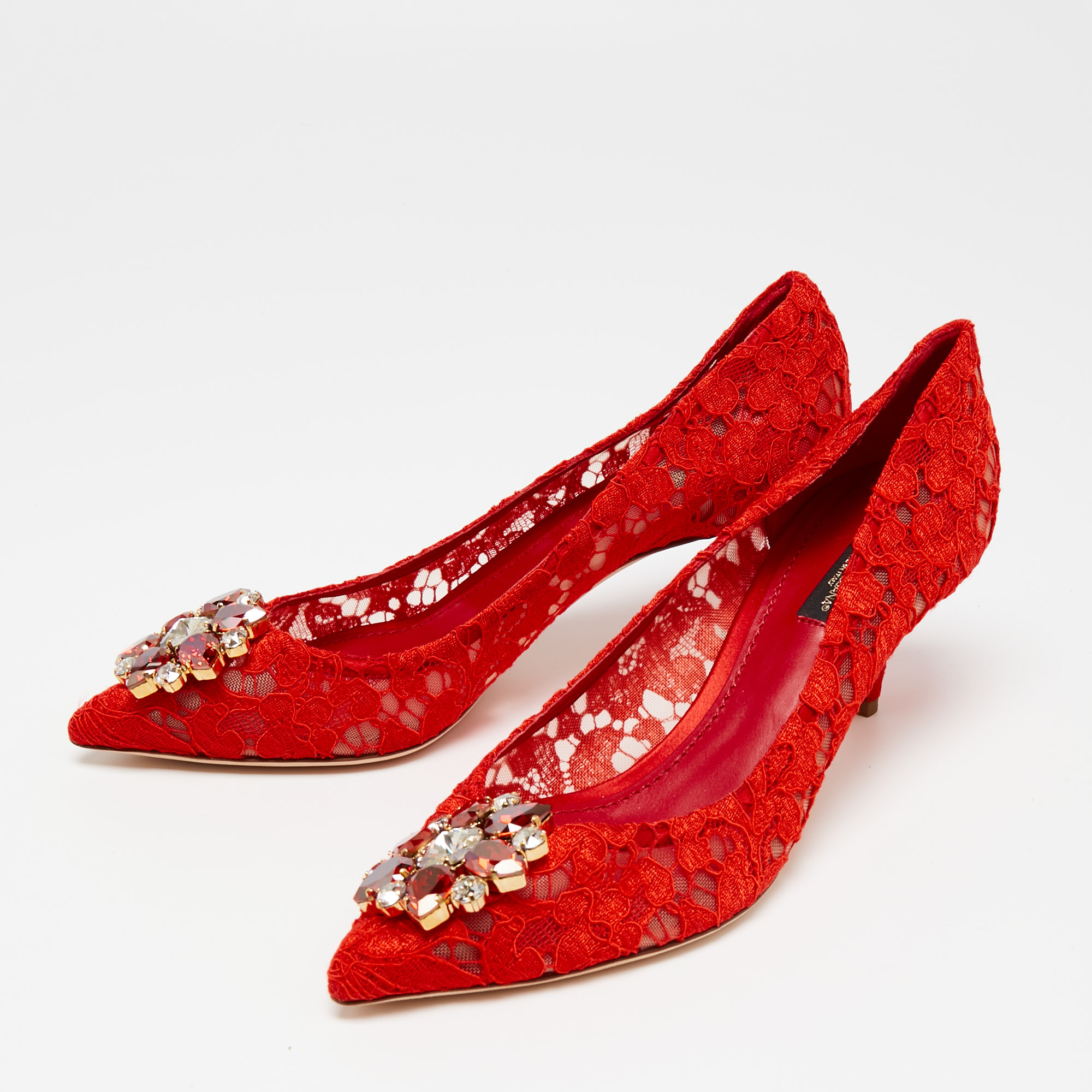

Dolce & Gabbana Red Lace Bellucci Pointed-Toe Pumps Size