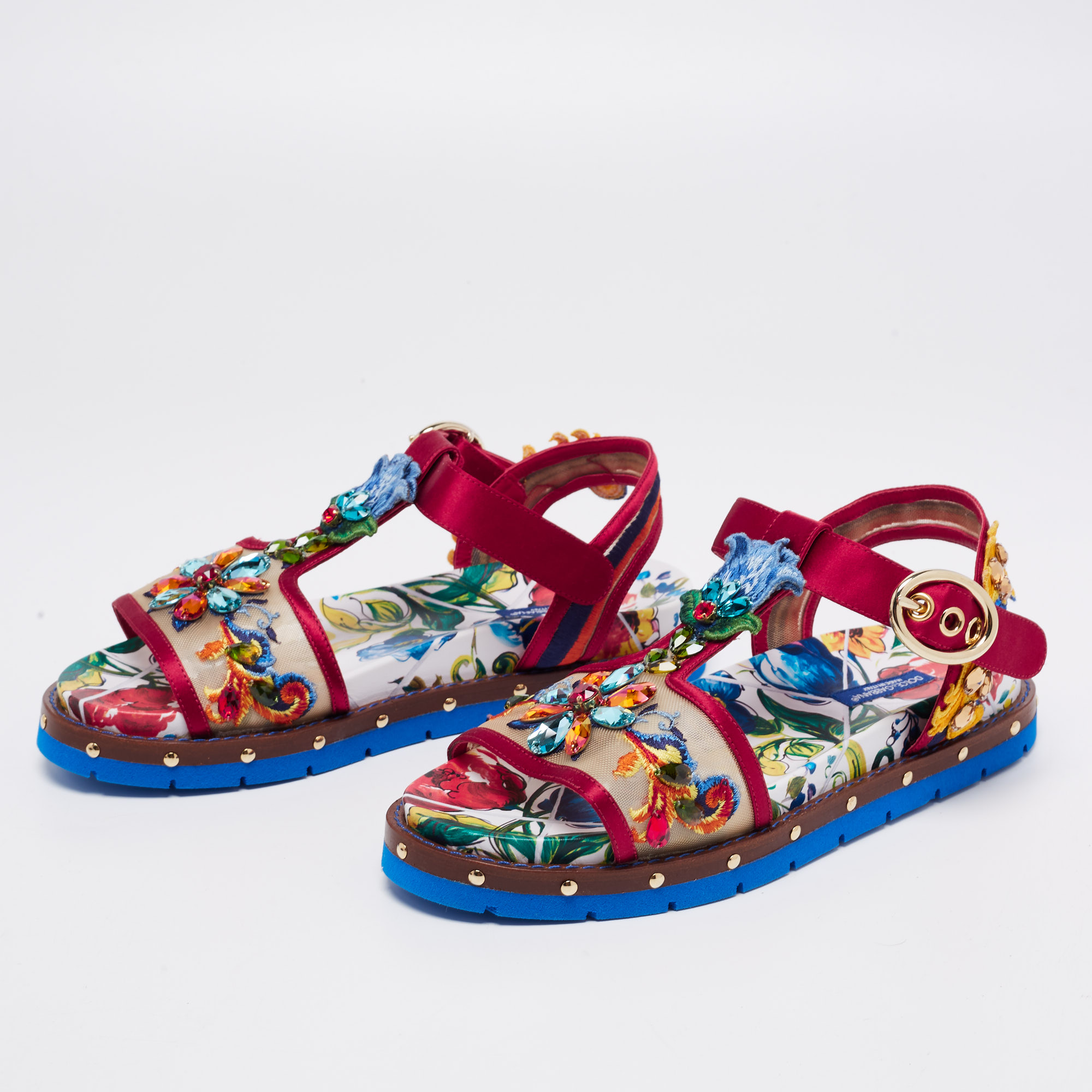 

Dolce & Gabbana Multicolor Embroidered Satin And Mesh Embellished Flat Sandals Size