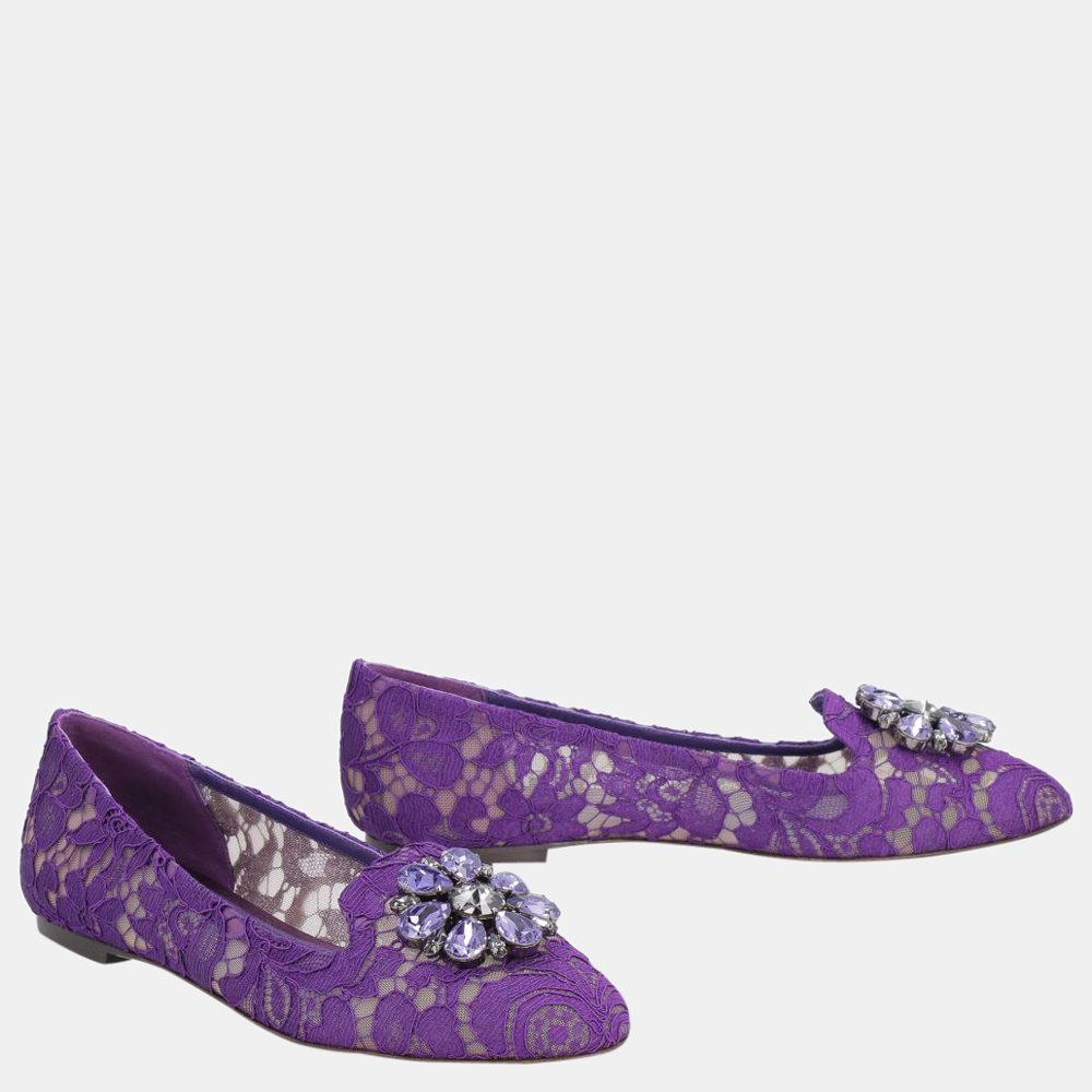 

Dolce & Gabbana Purple Taormina Lace Crystal Embellished Taormina Ballet Flats Size EU