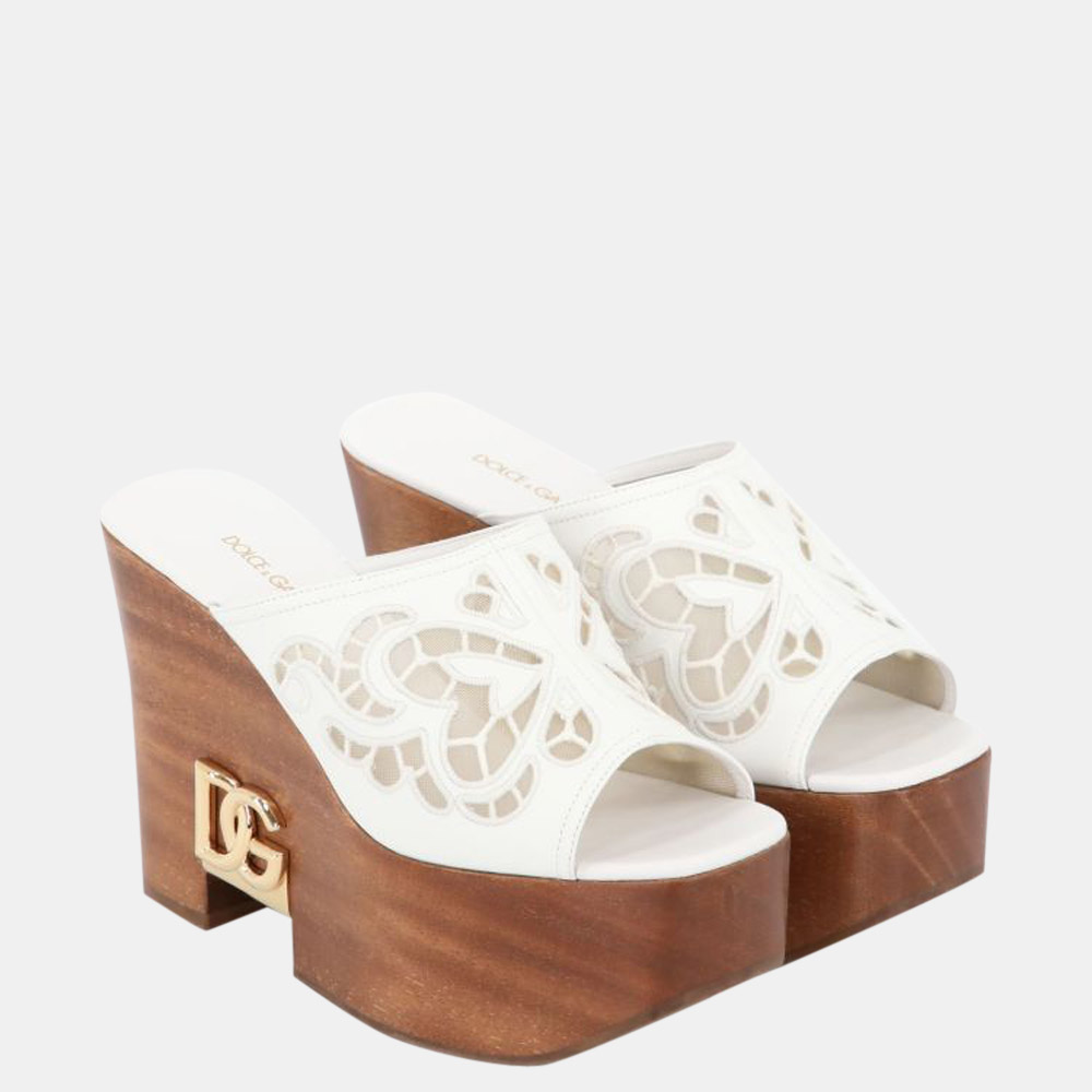 

Dolce & Gabbana White Embroidered Nappa Leather Wedge Sandals Size EU