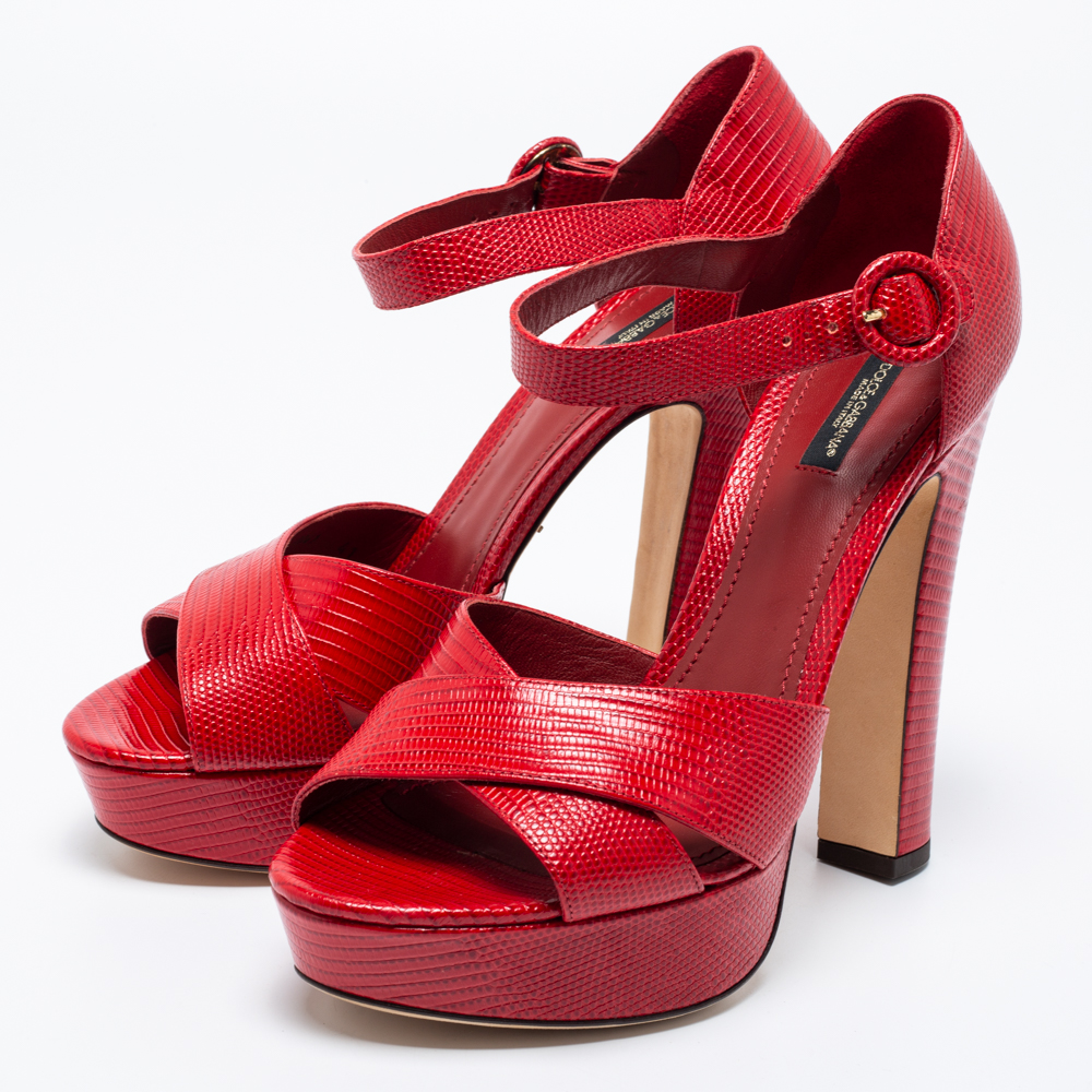 

Dolce & Gabbana Red Lizard Embossed Leather Crisscross Ankle Strap Sandals Size