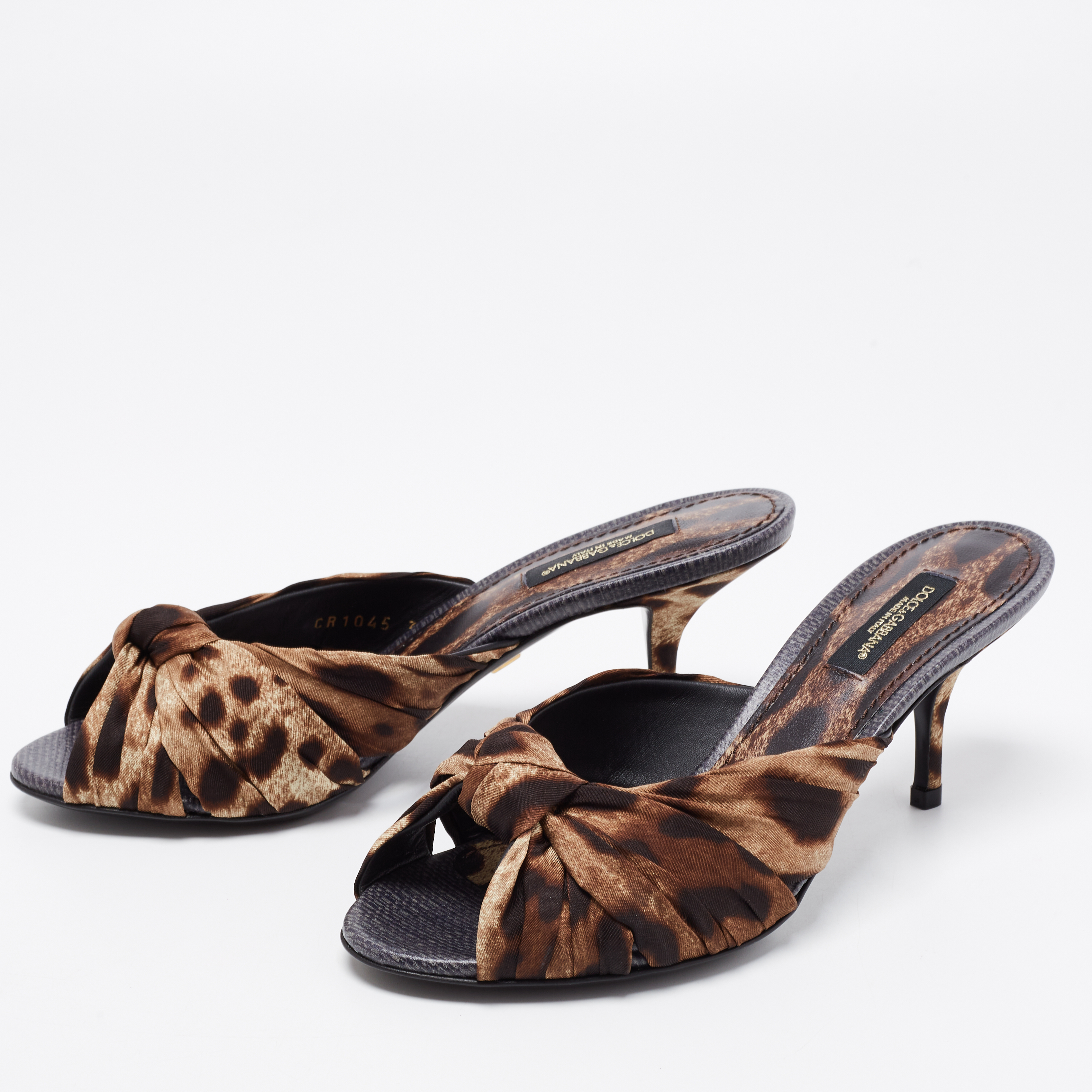 

Dolce & Gabbana Brown/Beige Leopard Print Satin Knotted Open Toe Mule Sandals Size