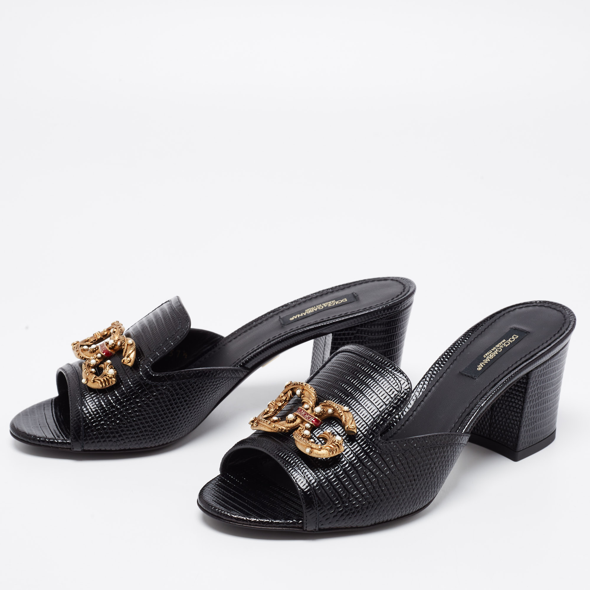 

Dolce & Gabbana Black Lizard Embossed Leather Block Heel Mules Size