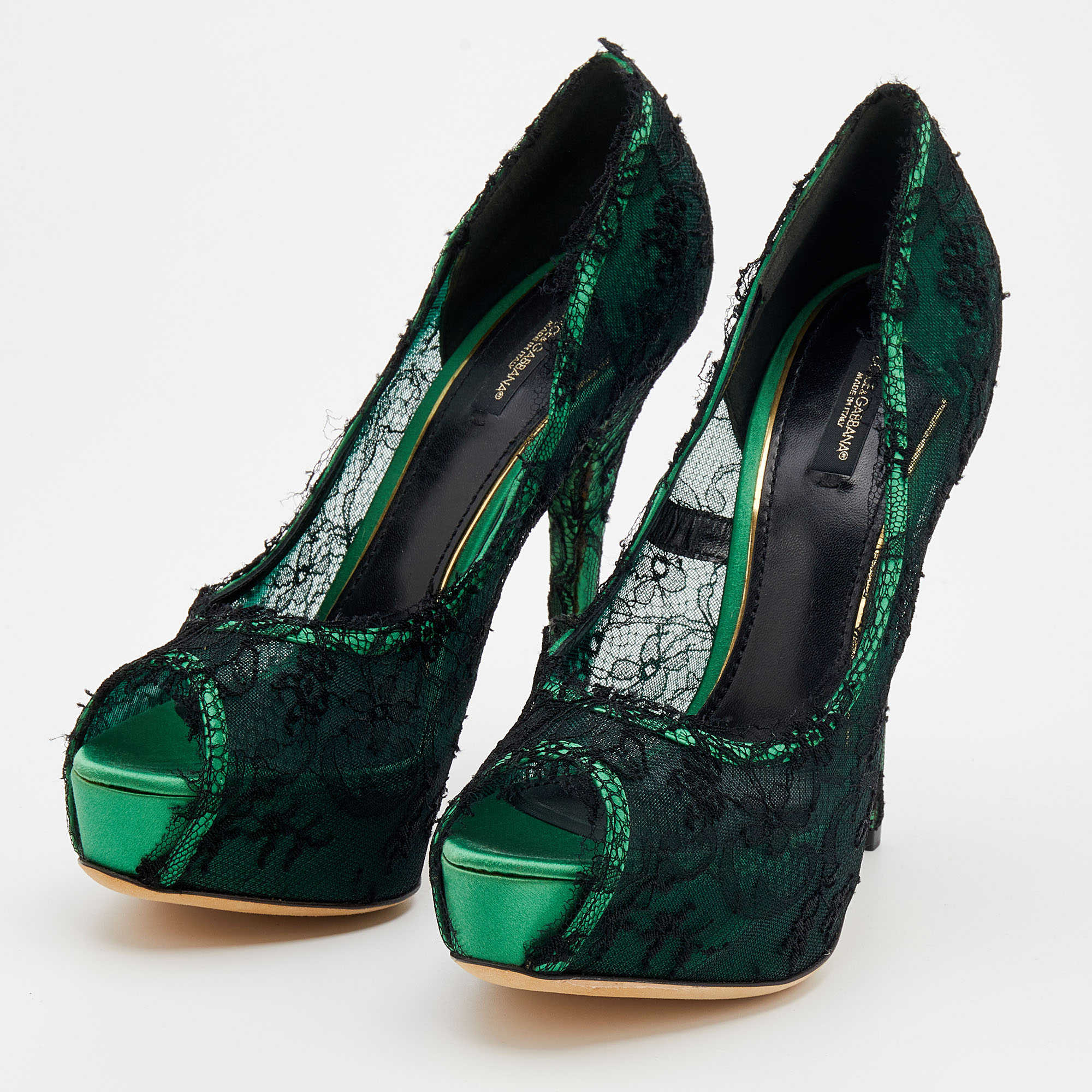 

Dolce & Gabbana Green/Black Lace Peep Toe Pumps Size