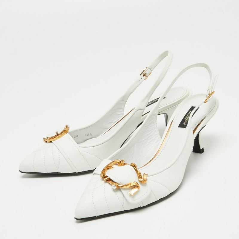 

Dolce & Gabbana White Leather Buckle Slingback Pumps Size