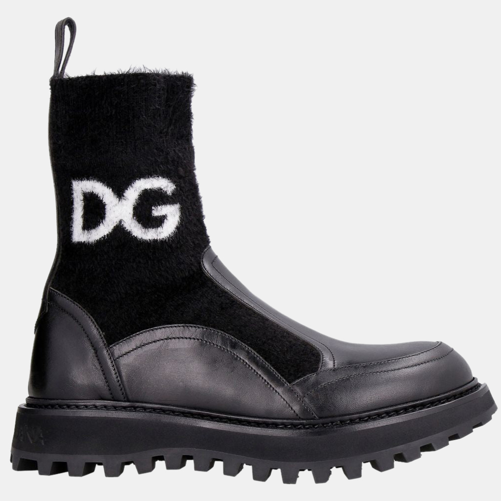 

Dolce & Gabbana Black Horse calfskin Leather branded sock ankle Boots EU