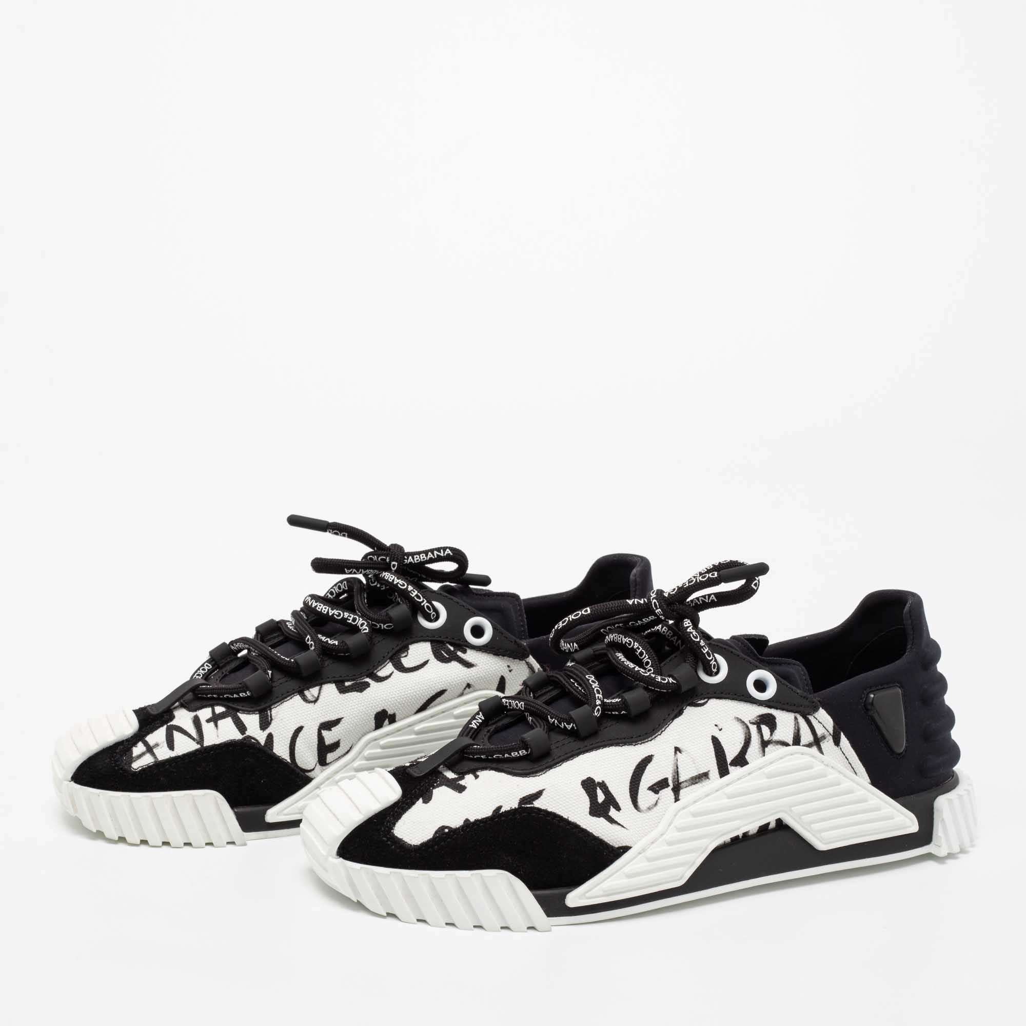 

Dolce & Gabbana White/Black Suede, Printed Canvas and Neoprene NS1 Low-Top Sneakers Size