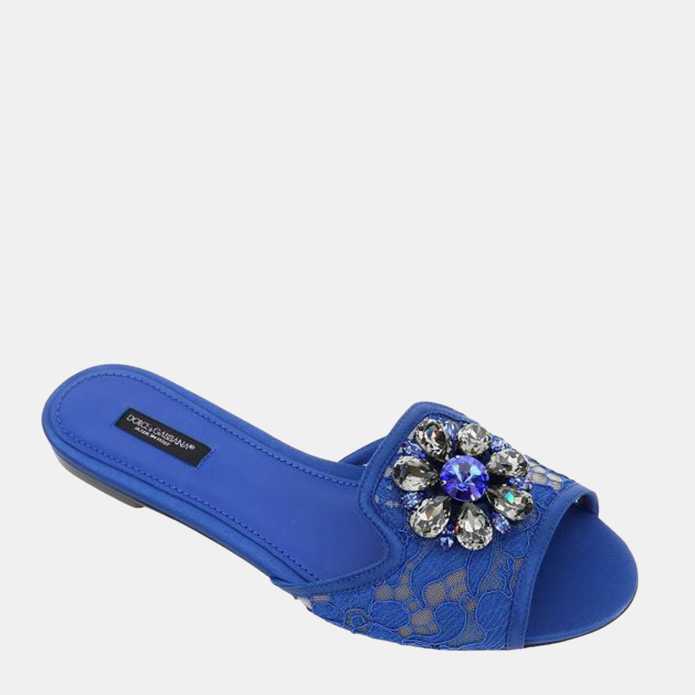 

Dolce & Gabbana Blue Lace Crystals Slide Slippers Size EU