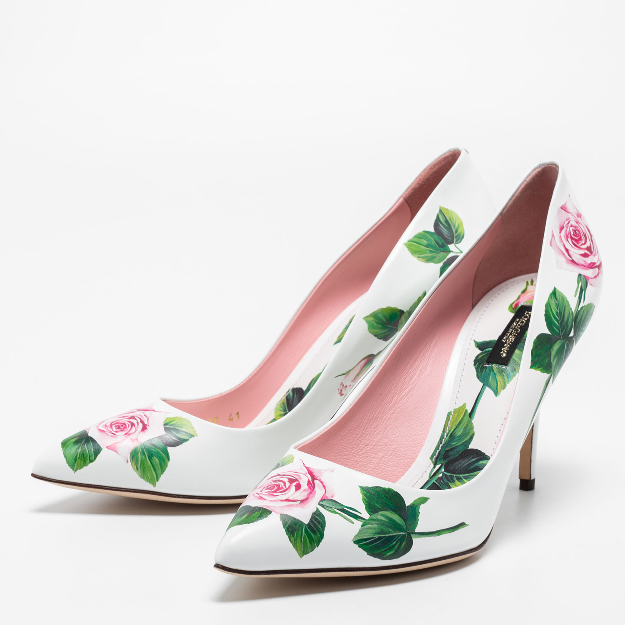 

Dolce & Gabbana White Floral Print Leather Pointed Toe Pumps Size