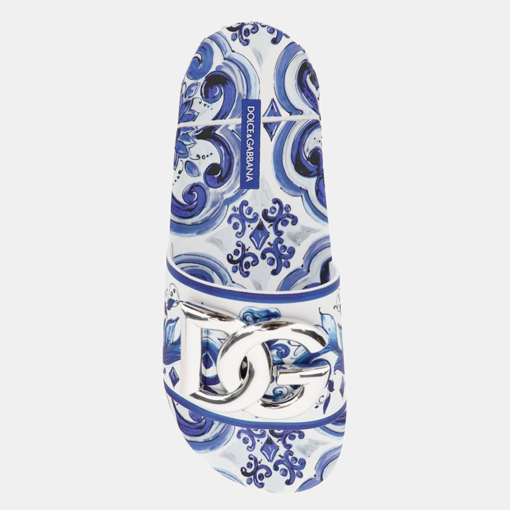 

Dolce & Gabbana White/Blue Maiolica Rubberized Slides Size EU