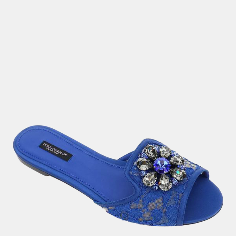 

Dolce & Gabbana Blue Taormina Lace Crystals Slides Size EU