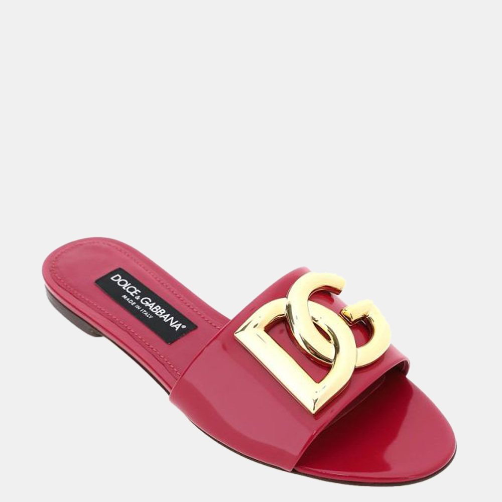 

Dolce & Gabbana Pink Logo Patent Leather Slides Size EU