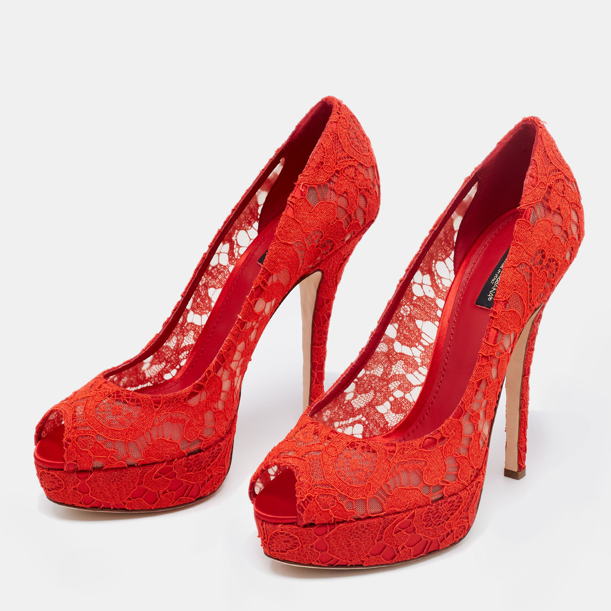 

Dolce & Gabbana Red Lace And Mesh Peep Toe Platform Pumps Size