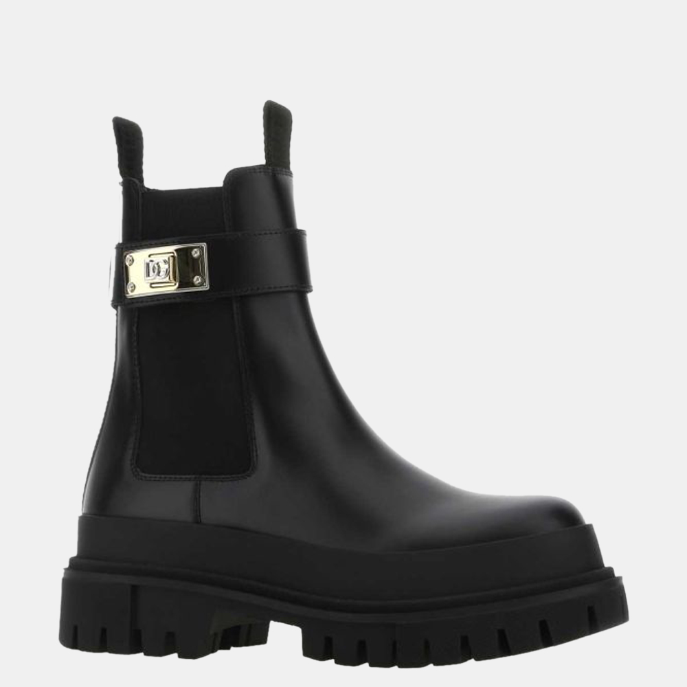 

Dolce & Gabbana Black Leather DG Ankle Boots Size EU