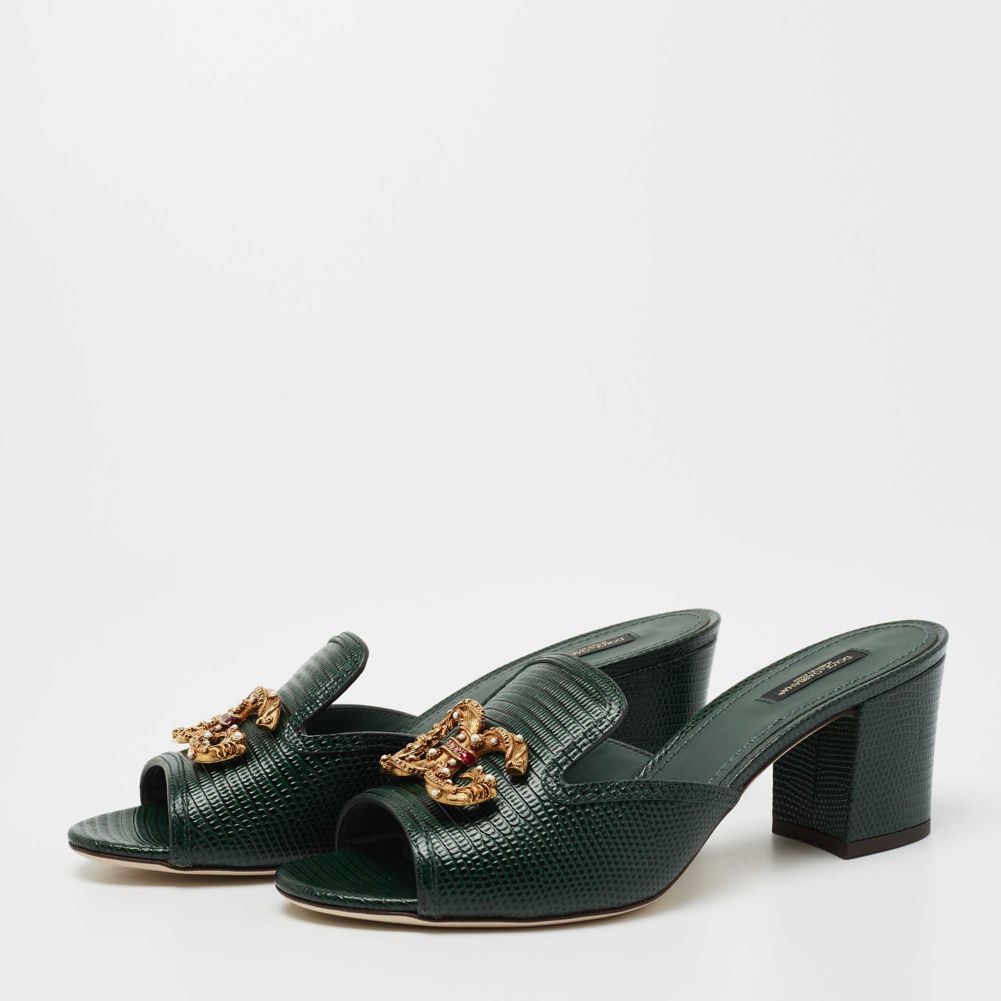 

Dolce & Gabbana Green Embossed Lizard DG Amore Slide Sandals Size