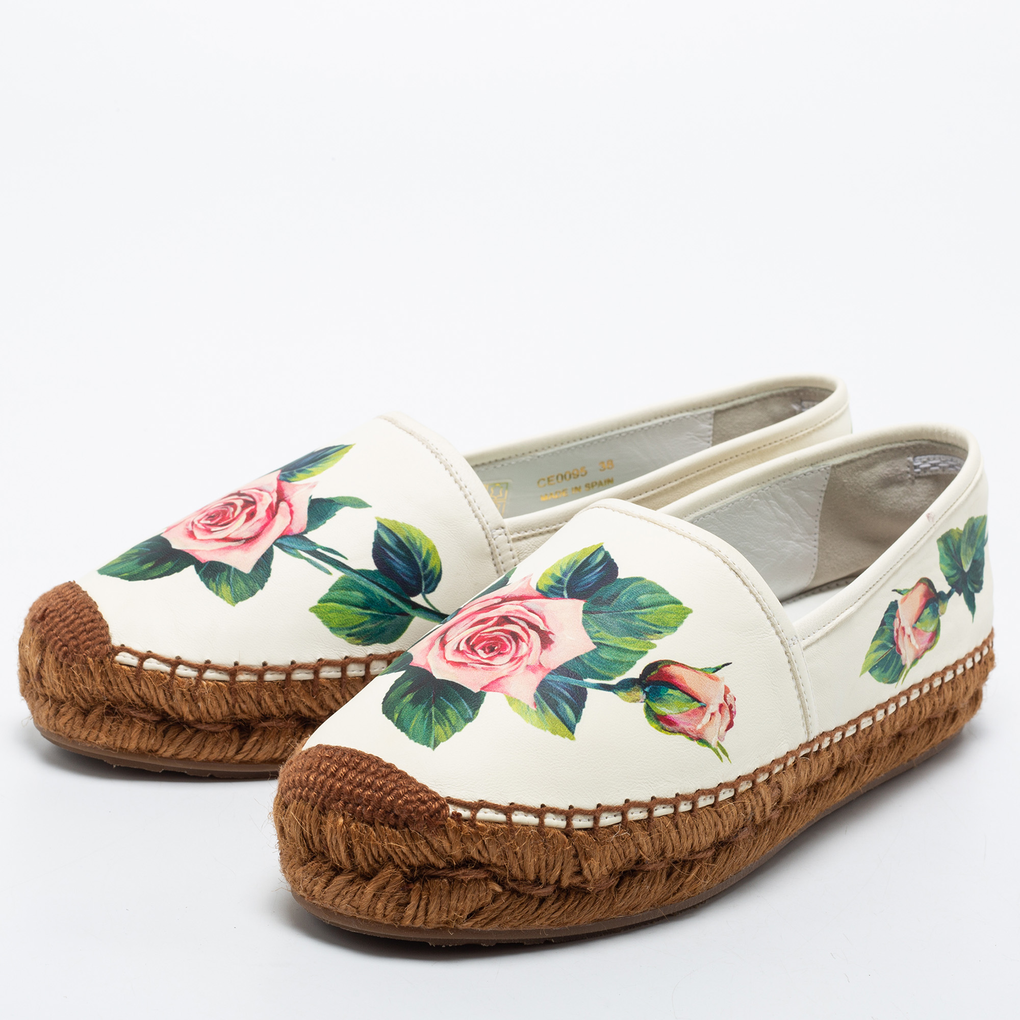 

Dolce & Gabbana Cream Leather Rose Print Espadrilles Flats Size