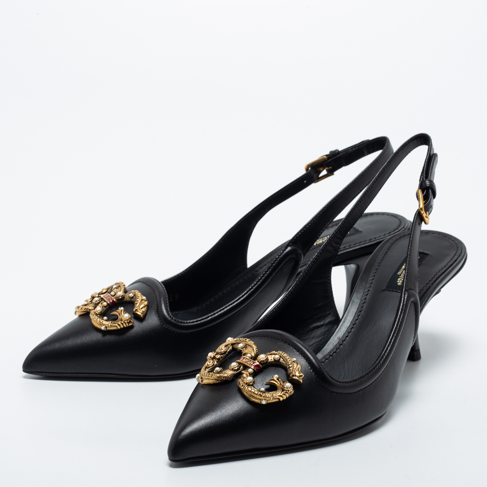 

Dolce & Gabbana Black Leather DG Amore Slingback Pumps Size