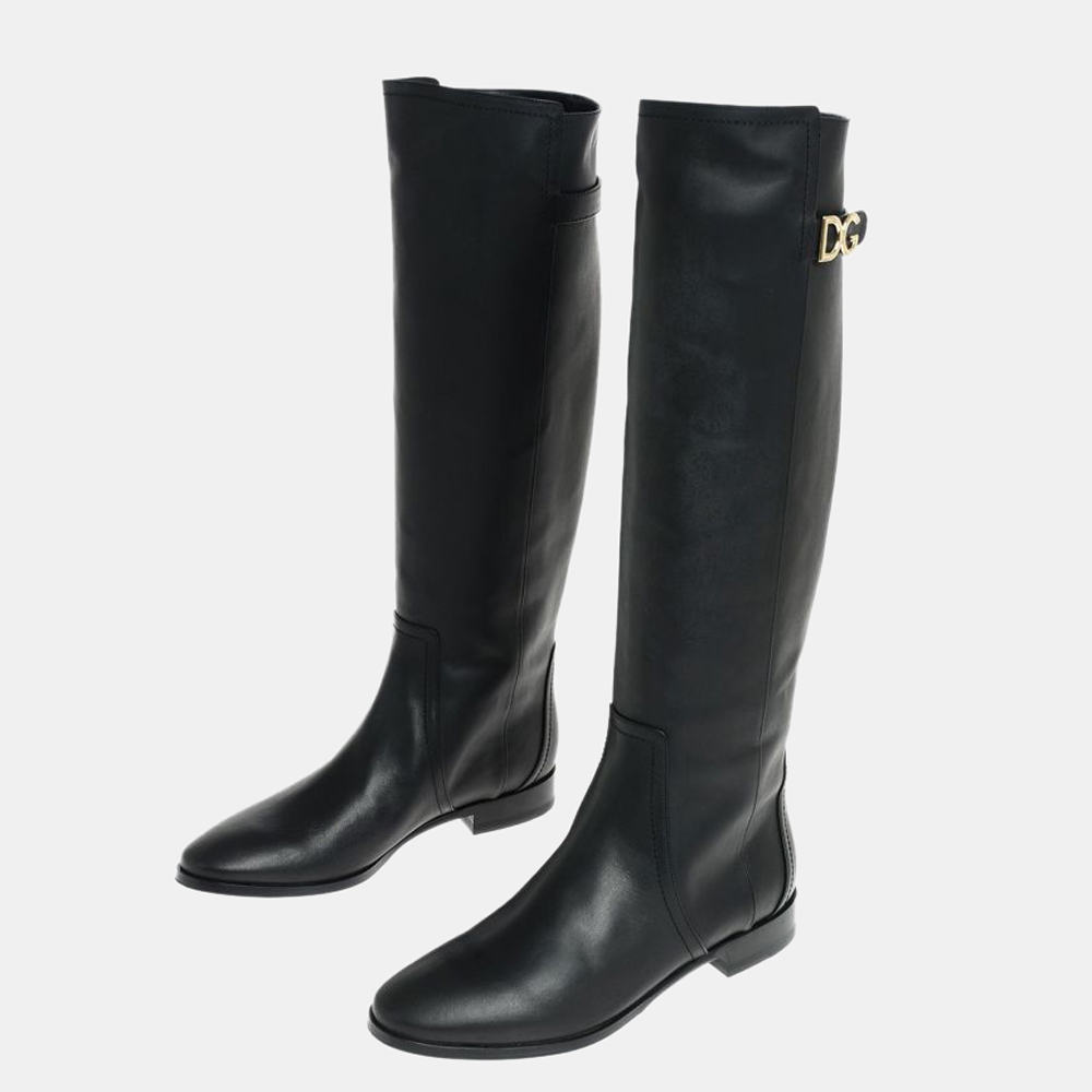 

Dolce & Gabbana Black Leather DG Knee-high Boots Size EU