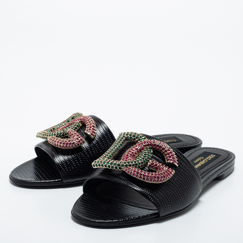 

Dolce & Gabbana Black Lizard Embossed Leather Bianca Sandals Size