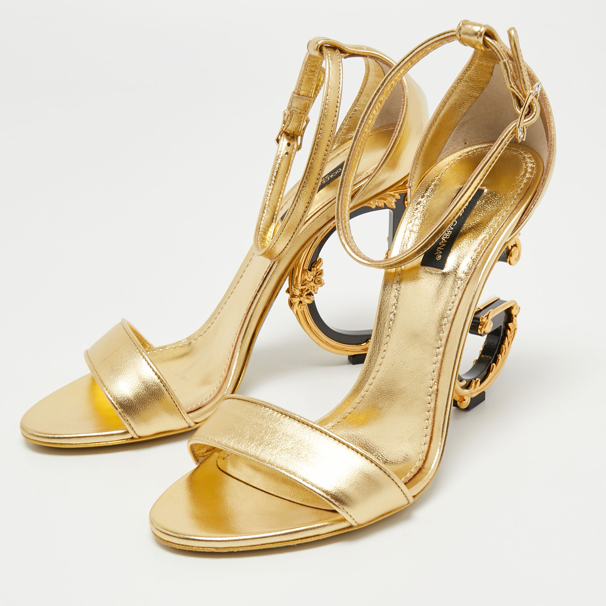 

Dolce & Gabbana Gold Leather Keira Logo Ankle Strap Sandals Size