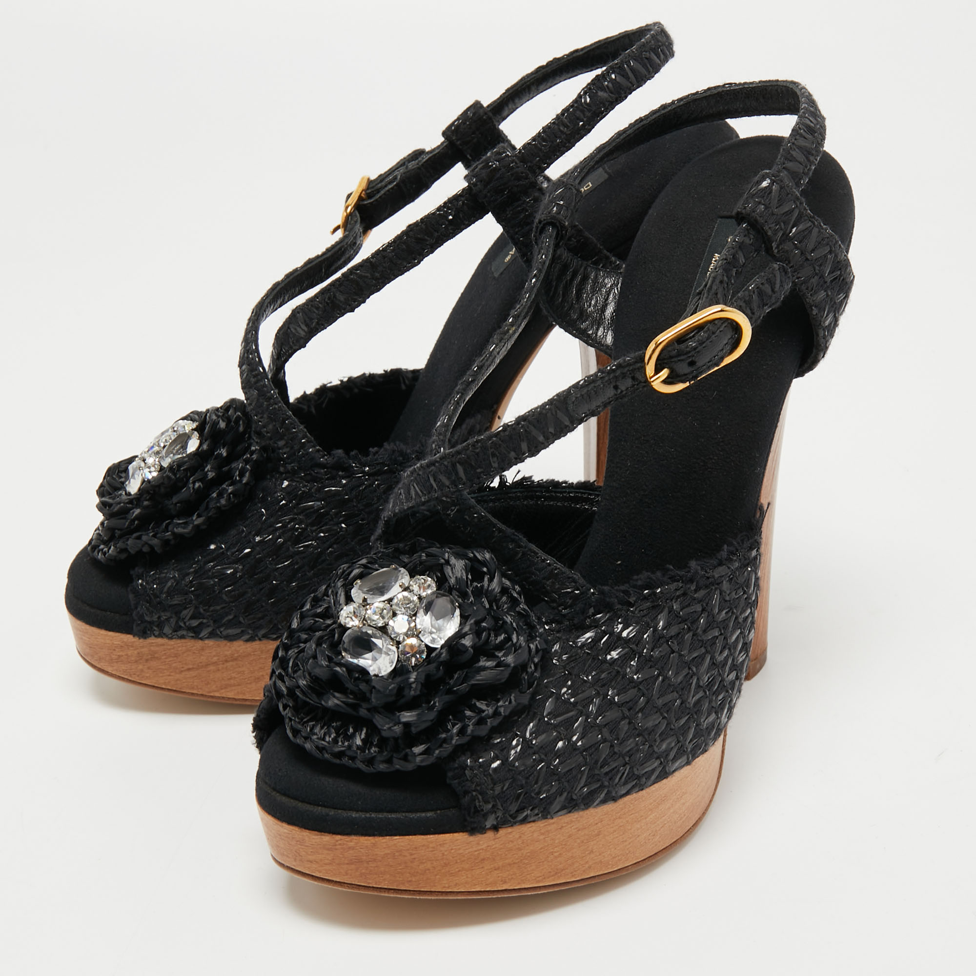 

Dolce & Gabbana Black Raffia Crystal Embellished Platform Sandals Size