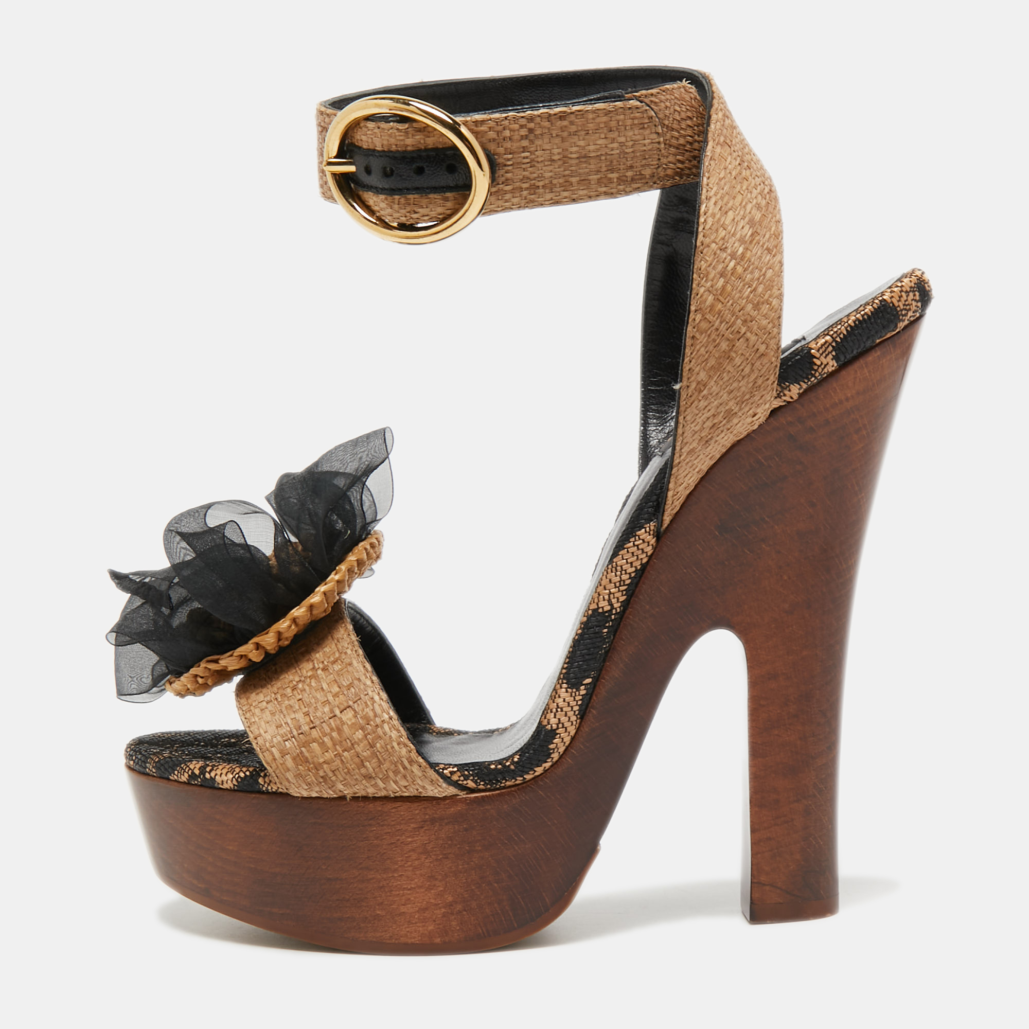 Pre-owned Dolce & Gabbana Brown Raffia Platform Ankle Strap Sandals Size 40
