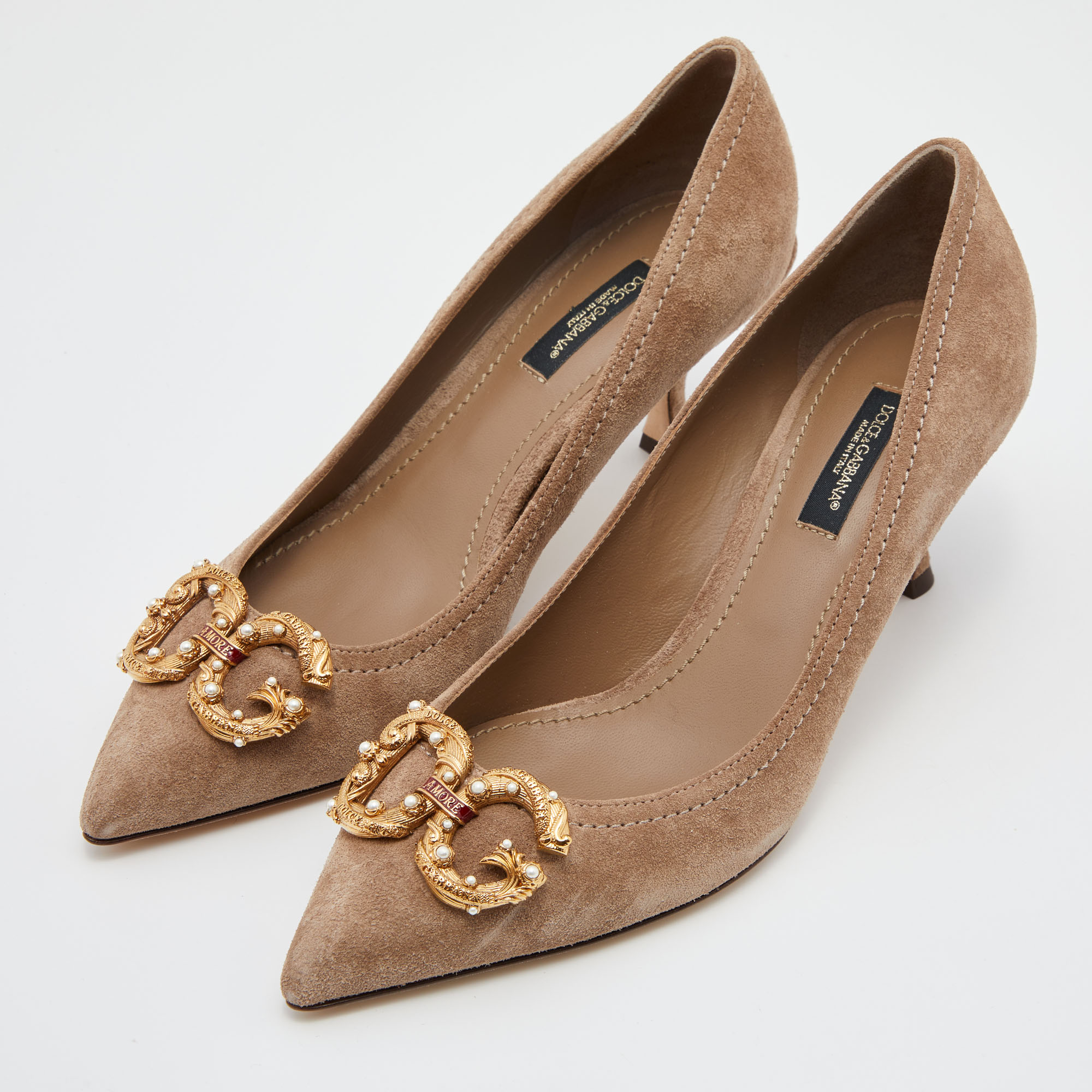 

Dolce & Gabbana Light Brown Suede DG Amore Pointed Toe Pumps Size