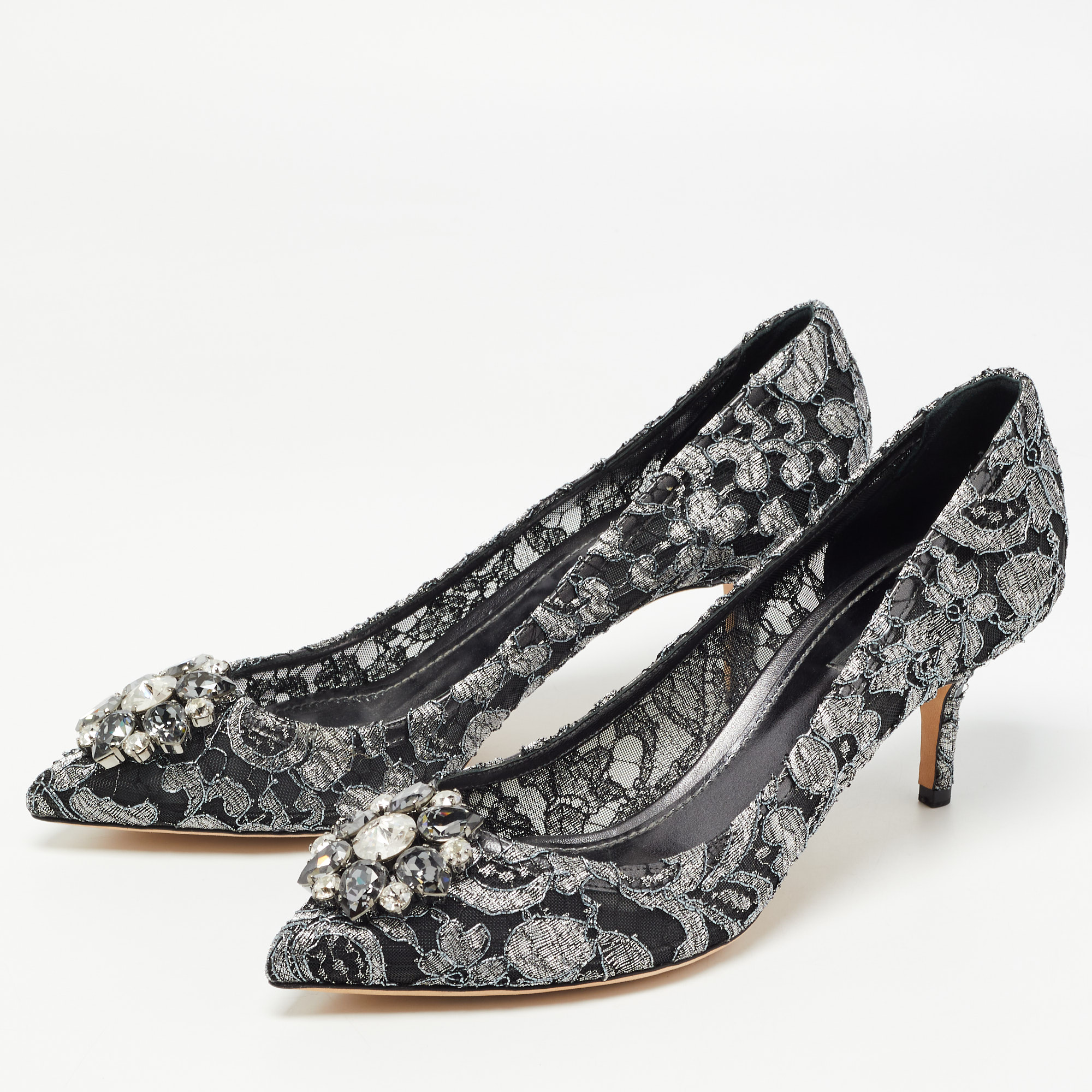 

Dolce & Gabbana Grey/Black Lace Crystal Embellished Bellucci Pumps Size