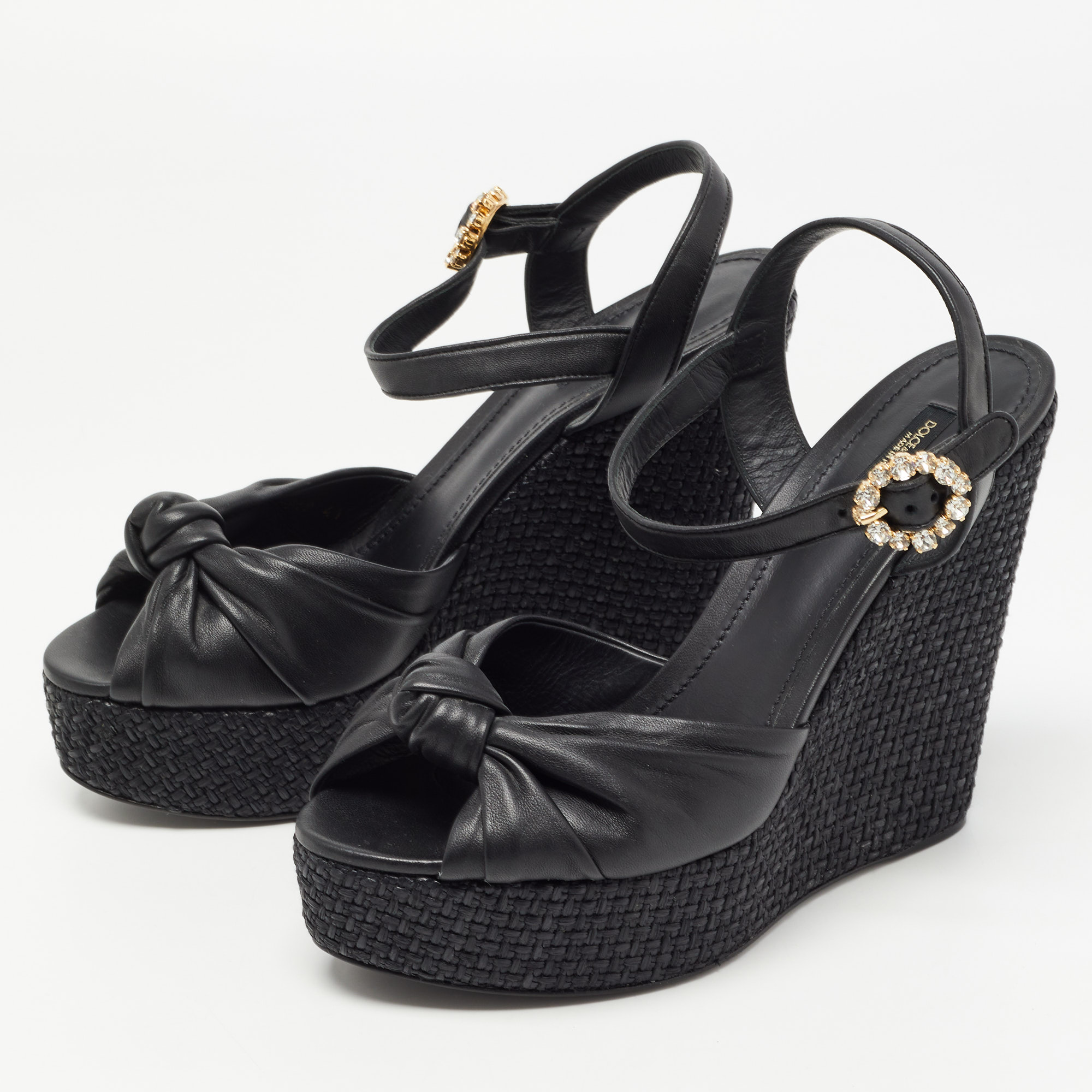 

Dolce & Gabbana Black Leather Raffia Wedge Sandals Size