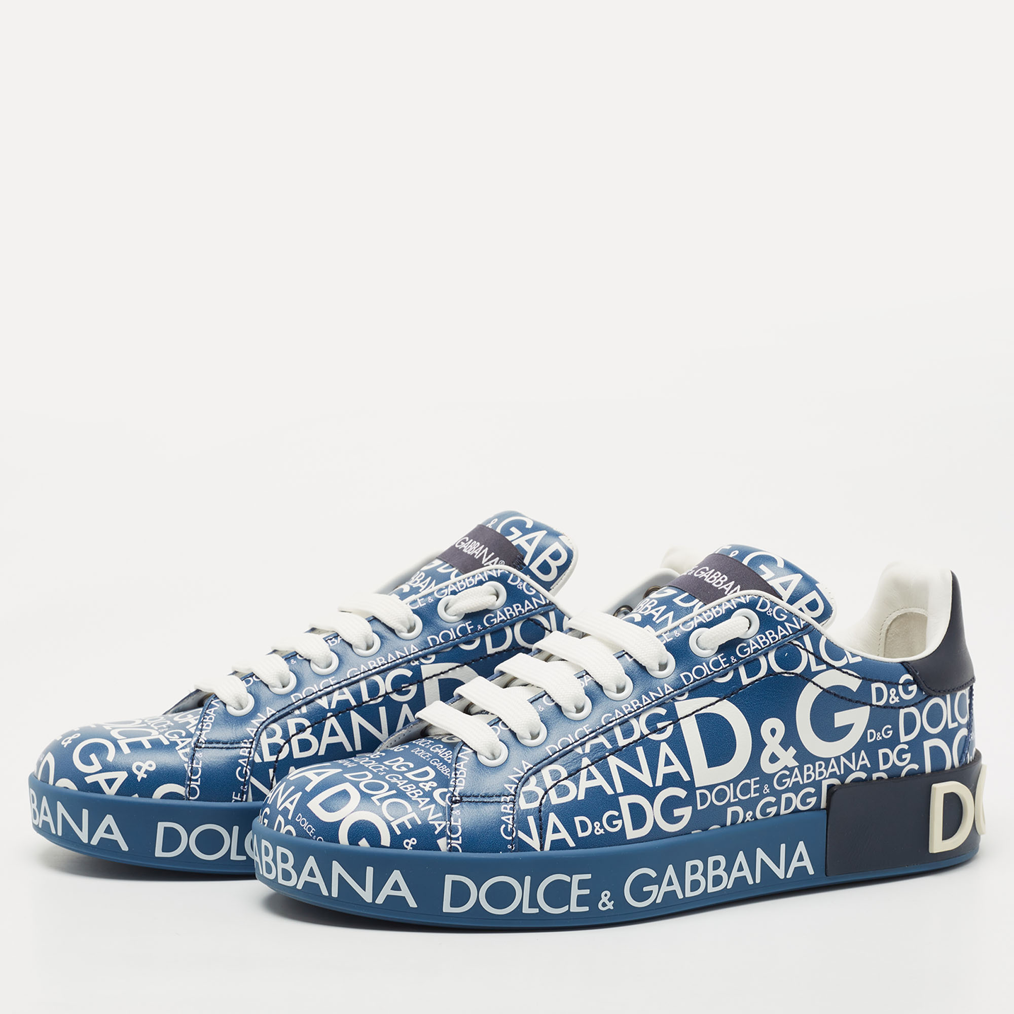

Dolce & Gabbana Blue Leather Logo Print Portofino Low Top Sneakers Size