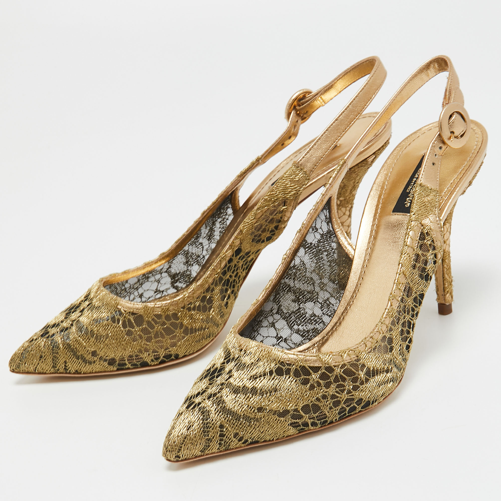 

Dolce & Gabbana Gold Lace and Leather Bellucci Slingback Pointed Toe Pumps Size